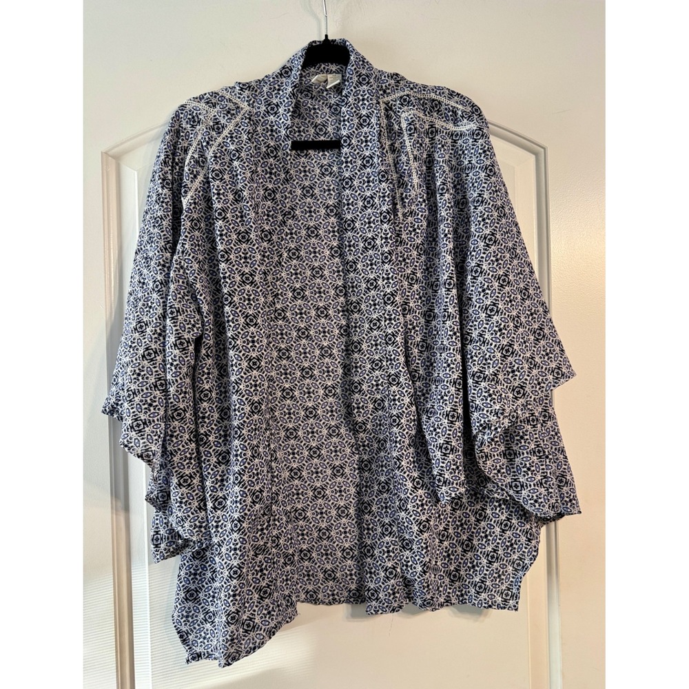 Japna Kimono Cardigan Large Blue White Geometric Lace Trim Boho